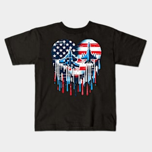 Fighter Jet Airplane American Flag Heart 4Th Of July Kids T-Shirt